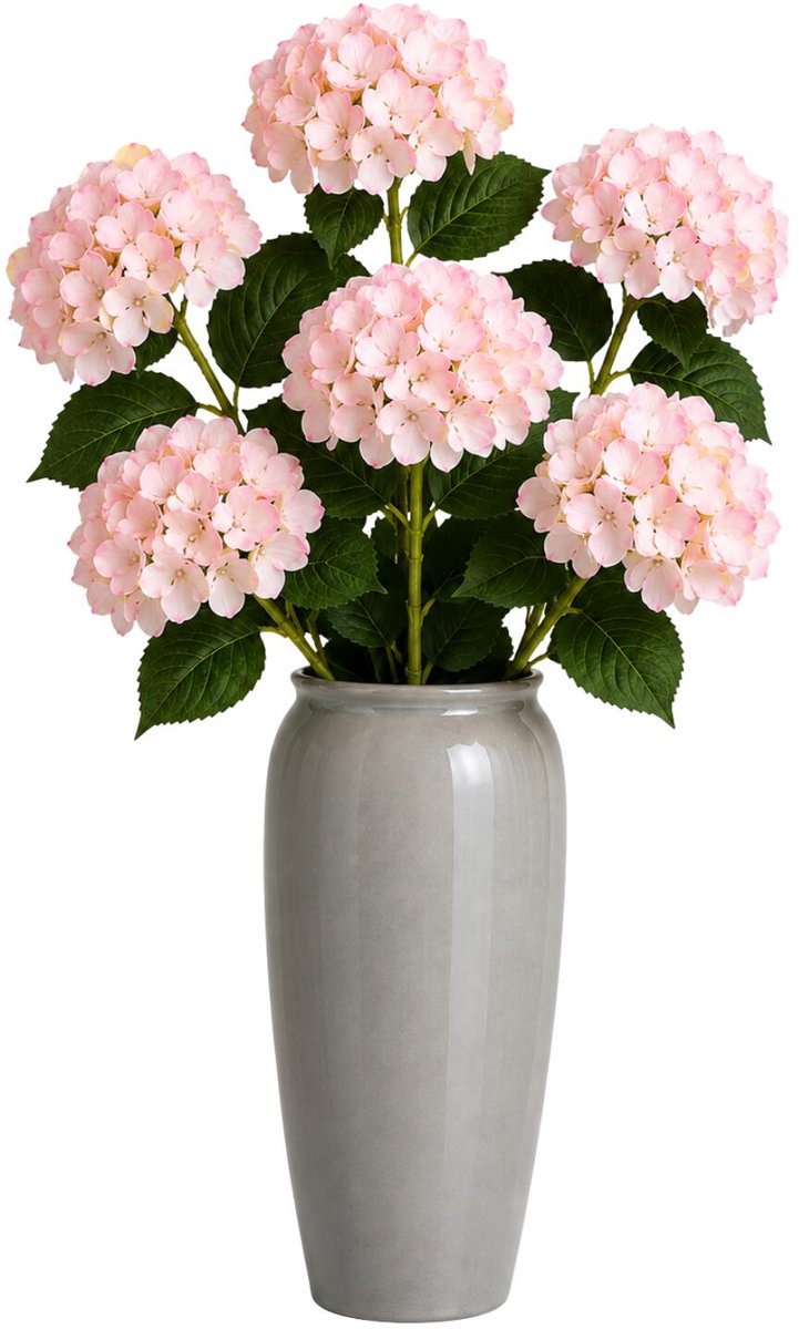 Bellatio Design Kunstbloem Hortensia tak - 6x - roze - 48 cm - losse steel - Kunst zijdebloemen - hydrangea