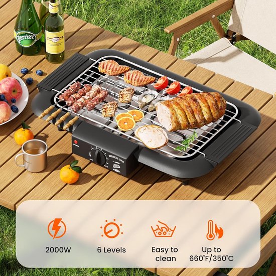 KZQ Rookloze elektrische barbecue - Snel heet worden en anti-aanbaklaag - Binnen- en buitengebruik met afneembare standaard - Geschikt voor BBQ-feestjes en kamperen - Zwart — afbeelding 3