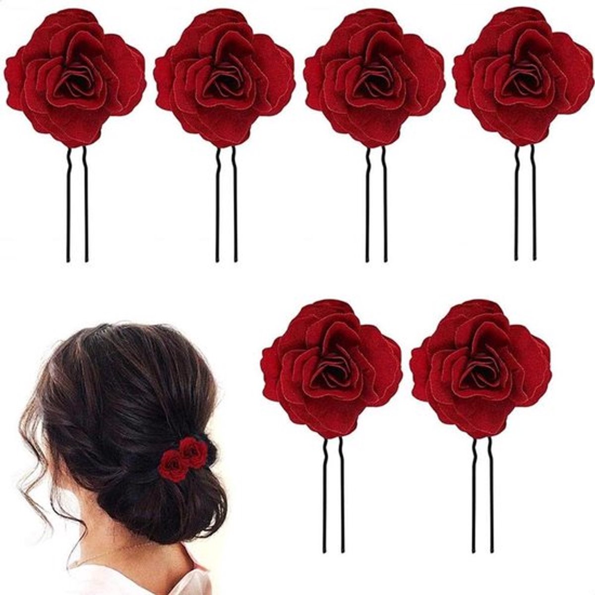Rode roos haarclips 6-pack Inovra Plus voor bruidsherstel