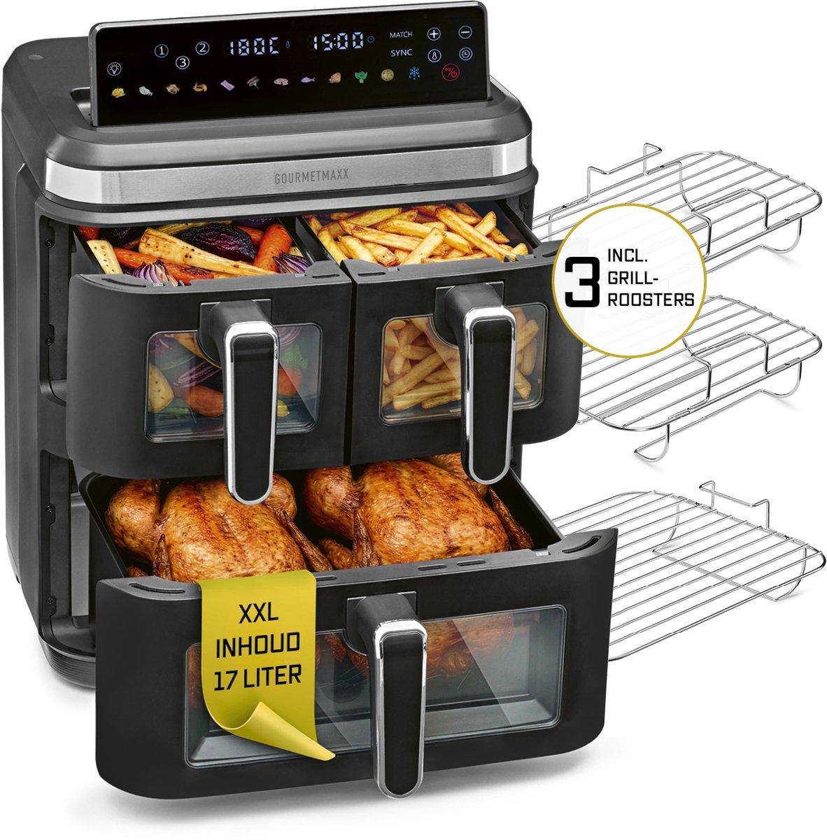GOURMETmaxx FryUp3 Verticale heteluchtfriteuse 3 kamers | Airfryer XXL met 3 grillrekken en 3 kijkvensters | heteluchtfriteuse XXL - 17 l | Air Fryer friteuse zonder olie