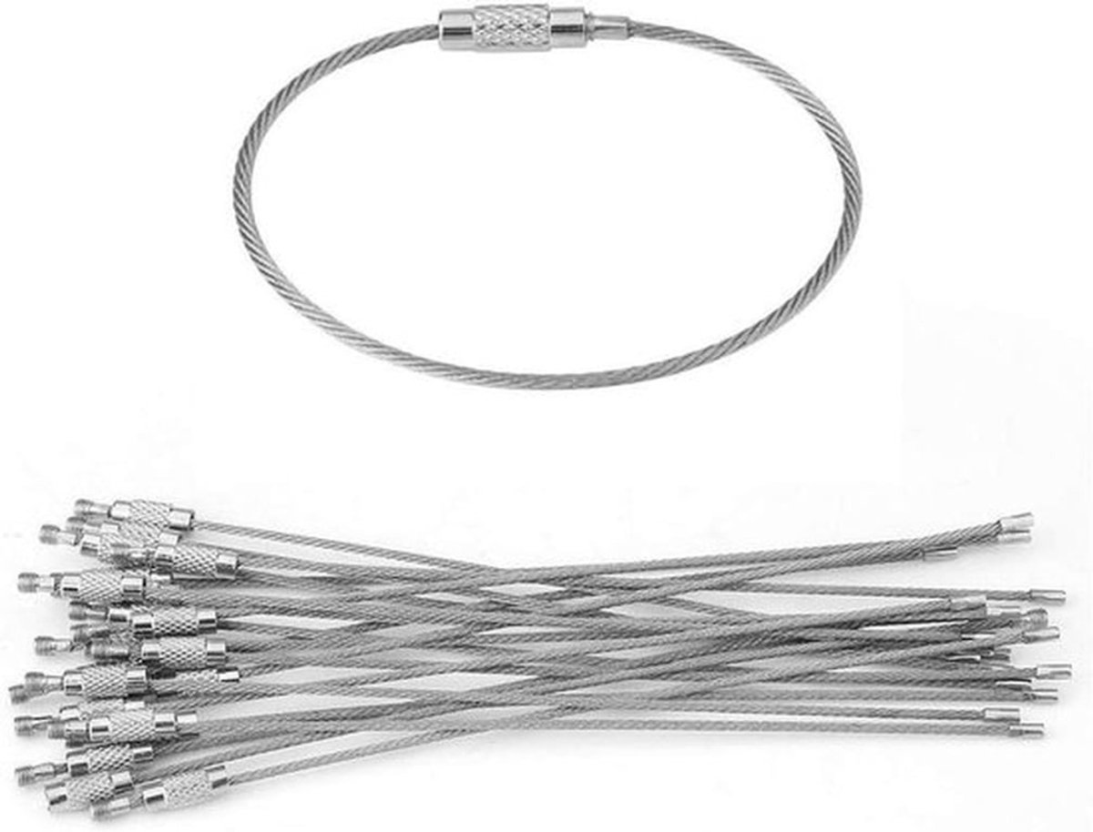 Sleutelhangers - Draad loops - Roestvrij staal - Schuifbare schroef - Bagagelabels - Identificatie - Geschikt voor bagage - Zilver - 20 stuks - Duurzaam en handig met schroefbeveiliging voor labeltags