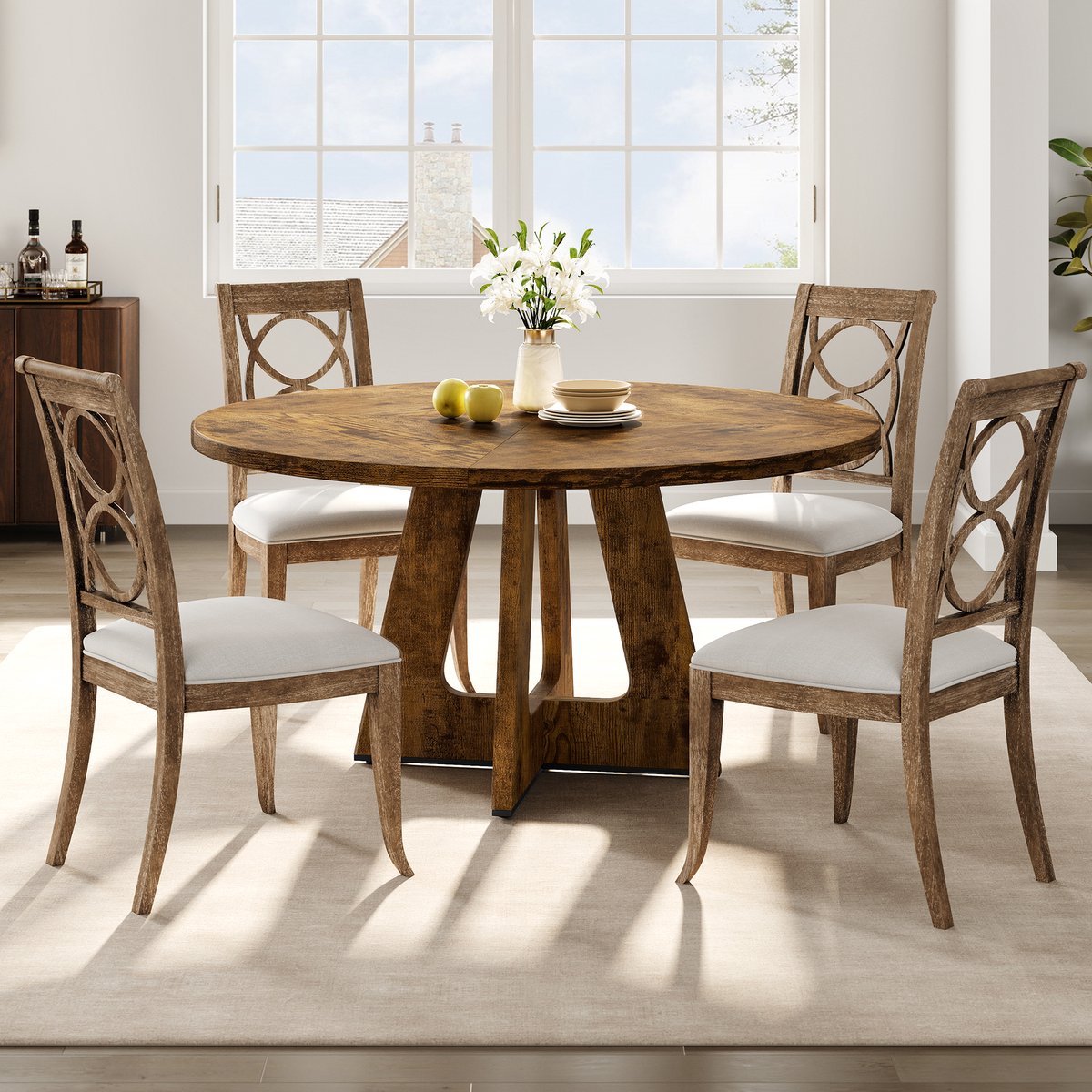 Eettafel Rond - 120x120x75cm - Landelijke Stijl - Ruimtebesparend - Stevige Basis - Keukentafel voor 4-6 Personen - Voor Eetkamer Woonkamer - Zonder Stoelen - Bruin