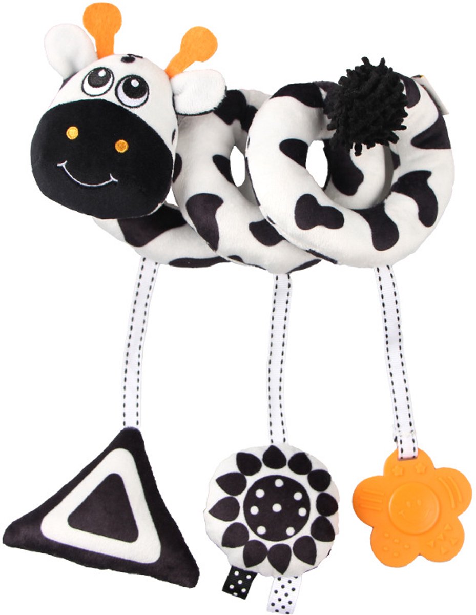 COOAU - Boxspiraal Baby Speelgoed - Pluchen Knuffel met Rammelaar voor Kinderwagen, Autostoel & Buggy - Sensorisch Speelgoed voor Baby's van 0-6 Maanden - Unisex - Zacht & Veilig - Zwart-witte giraffe