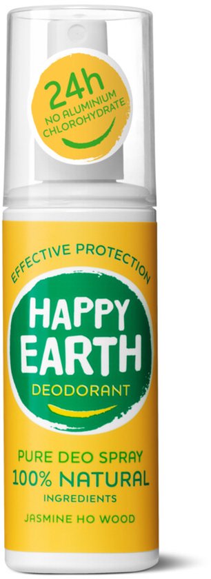 Happy Earth Pure Deo Spray 100% Natuurlijk Jasmin Ho Wood. Gele sprayfles met groene en witte tekst. 24h effectieve bescherming.