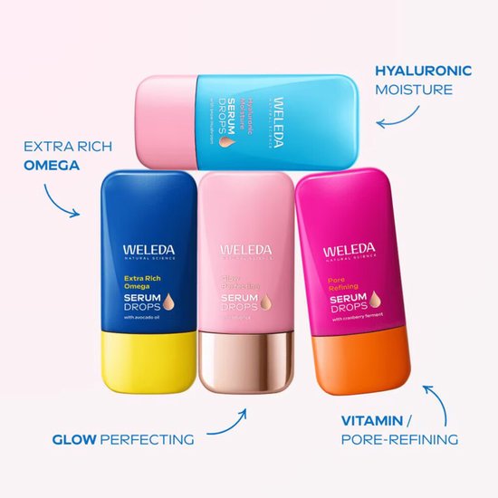 Drie WELEDA Serum Drops: blauw-geel, roze-rosé en roze-oranje, voor verschillende huidbehoeften.