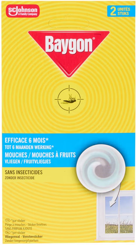 Verpakking van Baygon Raamstickers met twee vliegenvallen. Gele verpakking met blauwe tekst, waaronder 'Efficace 6 mois' en 'Sans insecticides'. Een vliegenval is zichtbaar met spiraalpatroon. Een illustratie toont een vliegenval op een raam.