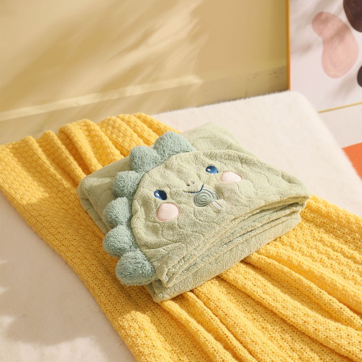 Babybadjas met capuchon, 2-delige set, superabsorberende babybadhanddoek, hoogwaardig koraalfleece, babybadhanddoek,Groene dinosaurus - 70*140 cm