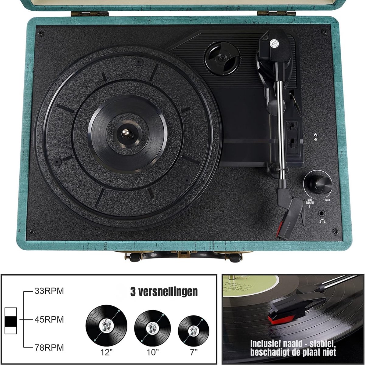 Ploutos® Platenspeler Bluetooth - Retro Platenspeler in Koffer – Complete Set met Speakers - Blauw - 36cm x 26cm x 116cm — cadeau in Games, Films & Muziek - foto 5