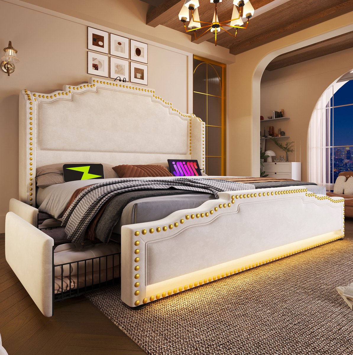 MEUNIQ gestoffeerd bed 160x200 cm met 4 lades, LED-verlichting, USB en USB-C, lattenbodem en opbergruimte, tweepersoons bed voor slaapkamer, beige
