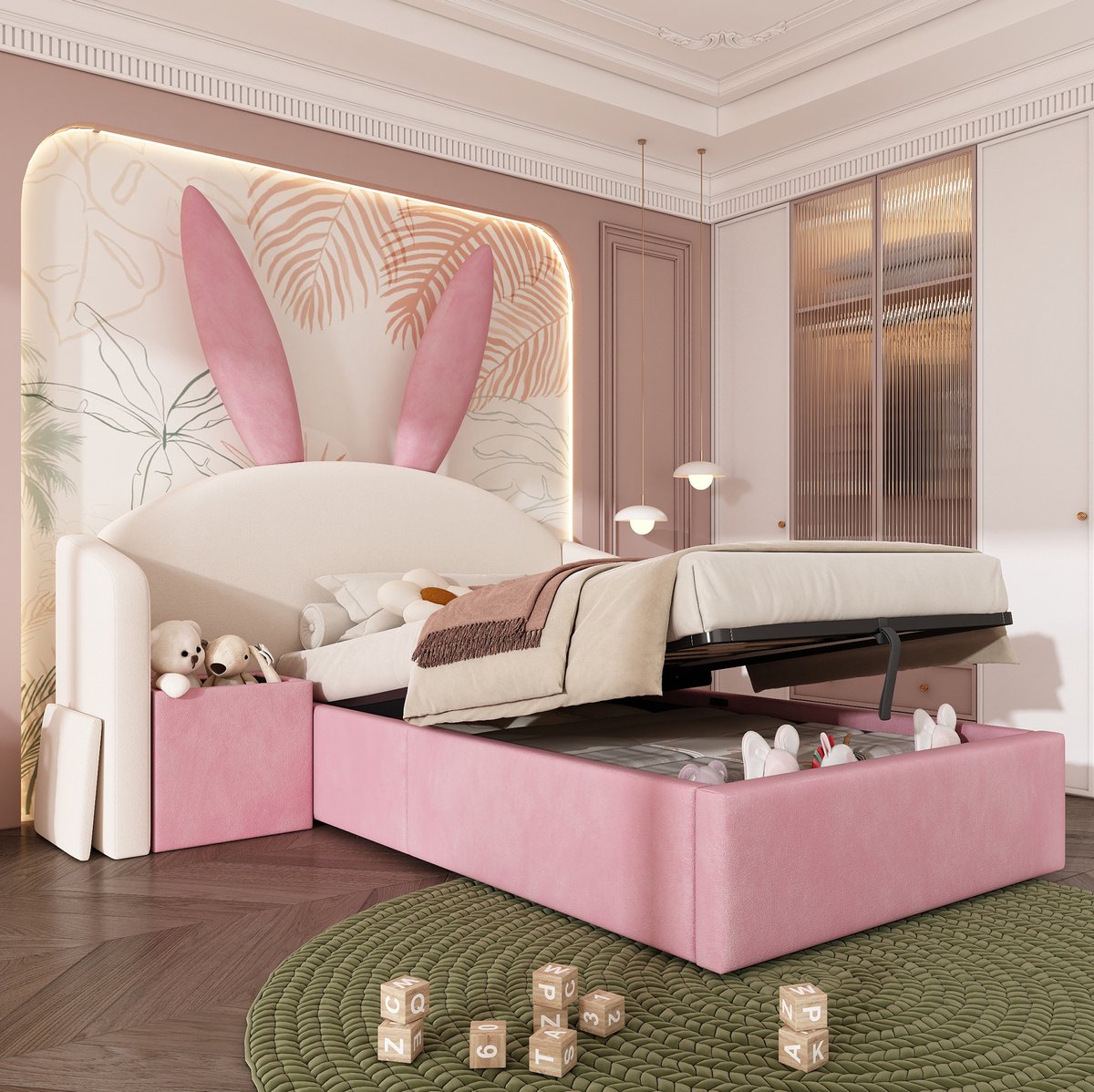 MEUNIQ Kinderbed 90x190 cm met konijnenoren hoofdbord, opbergruimte en nachtkastje links/rechts monteerbaar, stoffen bedframe met lattenbodem, beige roze Beige, roze