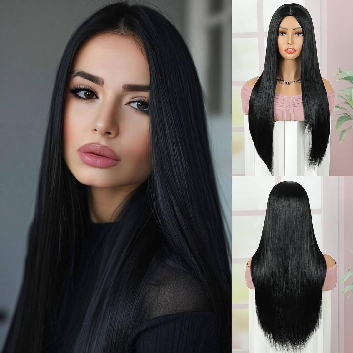 Lang Zwart Haar voor Vrouwen - Rechte Synthetische U Part Peruk voor Feest, Cosplay en Halloween Kostuum