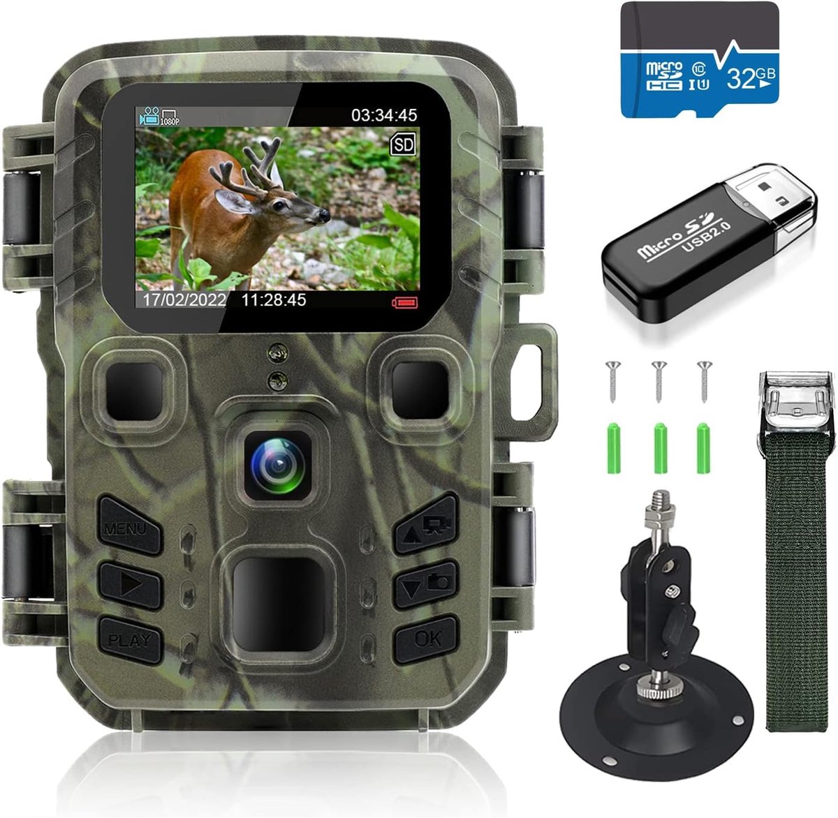 Mini Wildcamera - Nachtzichtcamera Bewegingsmelder - Observatie Dieren - IP65 Waterdicht - 20 MP 1080p - Groen