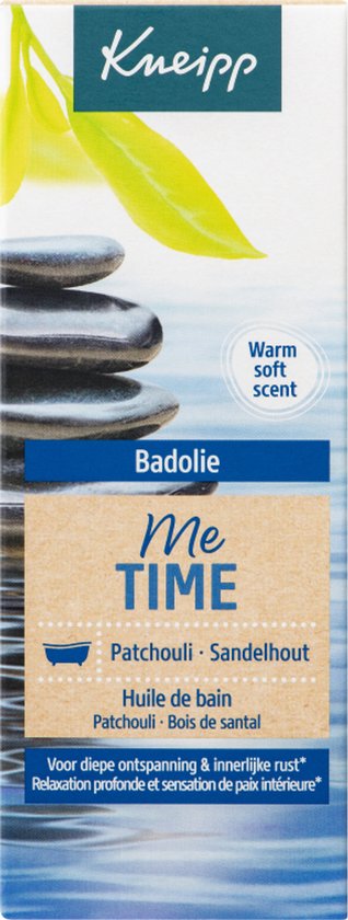 Kneipp Badolie Me-Time Patchouli Sandelhout verpakking. "Warm soft scent".