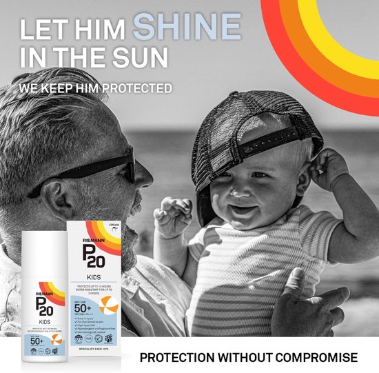 Man en baby op het strand met P20 Kids zonproduct. P20 Kids: Bescherming zonder compromissen.