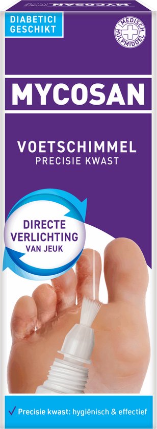 Mycosan Voetschimmel Precisie Kwast verpakking. Diabetici geschikt. Tekst: Directe verlichting van jeuk. Precisie kwast: hygiënisch & effectief.