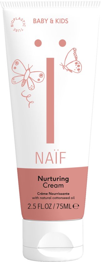 Witte tube Naïf babycrème met roze vlinderillustraties. Naïf Nurturing Cream, 75ml.