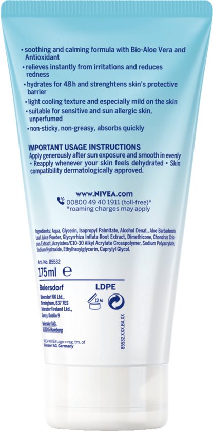 NIVEA SUN Sensitive Aftersun - Crème-Gel - Gevoelige huid - Verzacht en kalmeert - Met aloë vera en hyaluronzuur - 175 ml