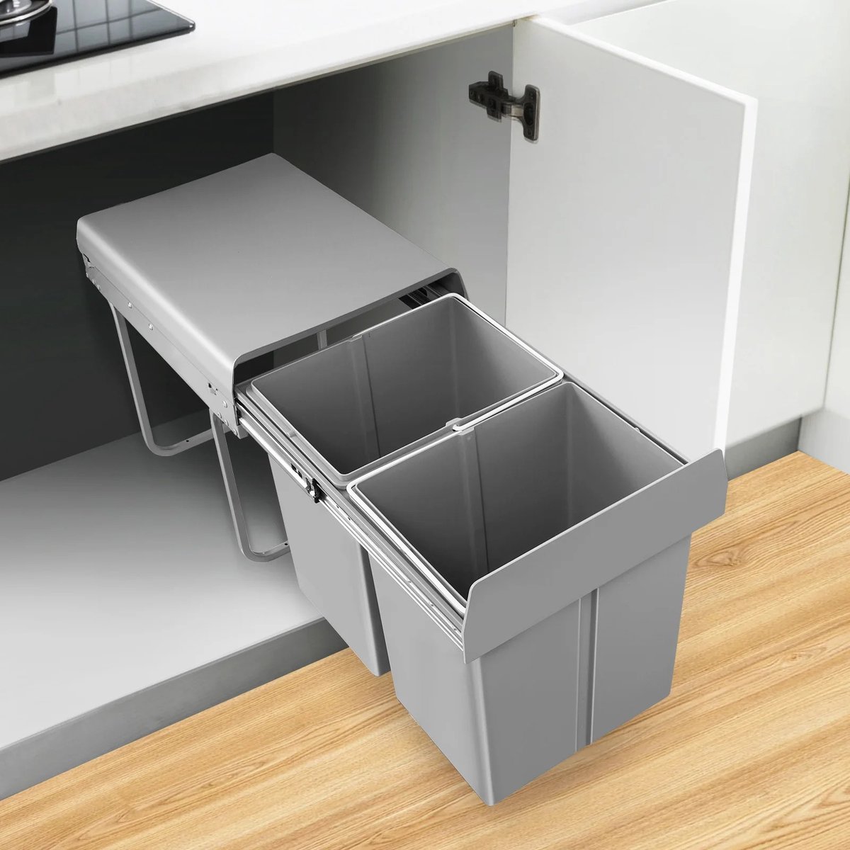 Calivari Uittrekbare Inbouwprullenbak 40 Liter – Afvalscheidingssysteem met 2 Compartimenten – Onderbouw Prullenbak voor Keukenkast – Soft-Close – Grijs