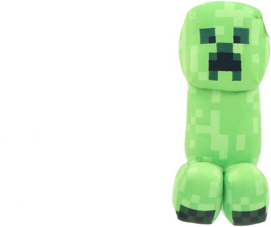 Groene Minecraft Creeper knuffel met pixelpatroon en zwarte vierkanten op zijn gezicht en voeten.