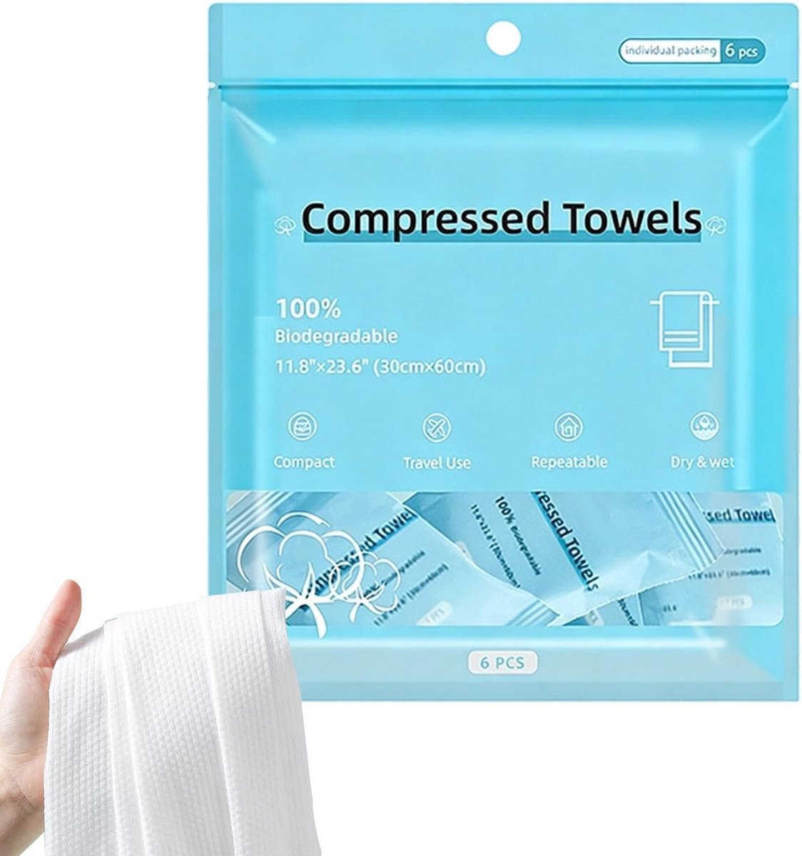 Gecomprimeerde Doekjes - Reis Washandjes - Hygiënisch Reinigen - Zacht Katoen - 6 Stuks - Wit