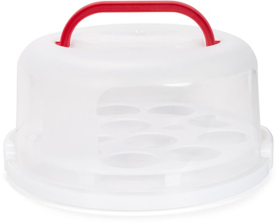 Boîte à gâteau transparente avec poignée rouge et support à cupcakes intégré.