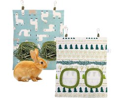 Konijnenvoerzak - 25 x 28 cm - Dubbel gat - Ophangbaar - Hooizak - Geschikt voor konijnen, cavia's en kleine huisdieren - 2-pack