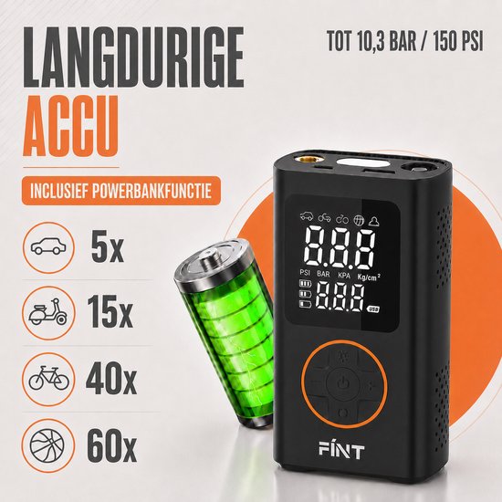 FÍNT® Elektrische Fietspomp - Luchtcompressor - voor Fiets, Scooter, Motor en Auto - Elektrische Bandenpomp - Oplaadbaar & Draagbaar - Bandenpomp - Compressor - Tot 10.3 Bar - Incl. Opbergzakje en Powerbankfunctie - PRO van FÍNT® — afbeelding 3