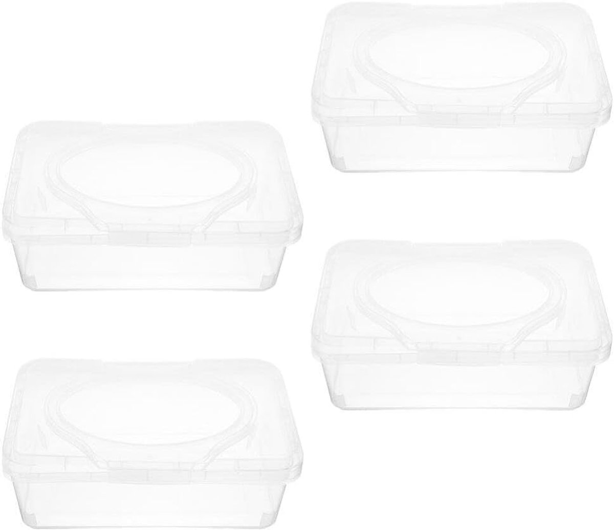 Dispenserdoos Natdoekjes - Herbruikbare Container - Doekjes Fris Houden - Verzegelend Ontwerp - 4 Stuks - Transparant