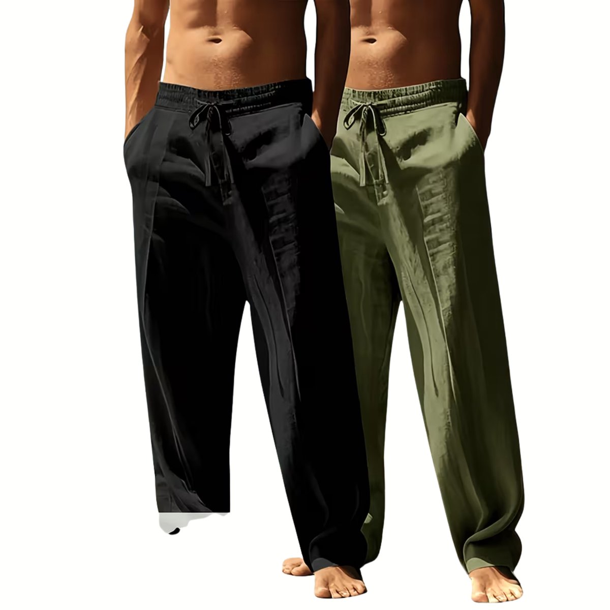 Currero Linnen Broek Heren Zomerbroek Volwassenen Lange Broek Pantalon Strandbroek Zomer Ibiza Stijl + Legergroen Zwart
