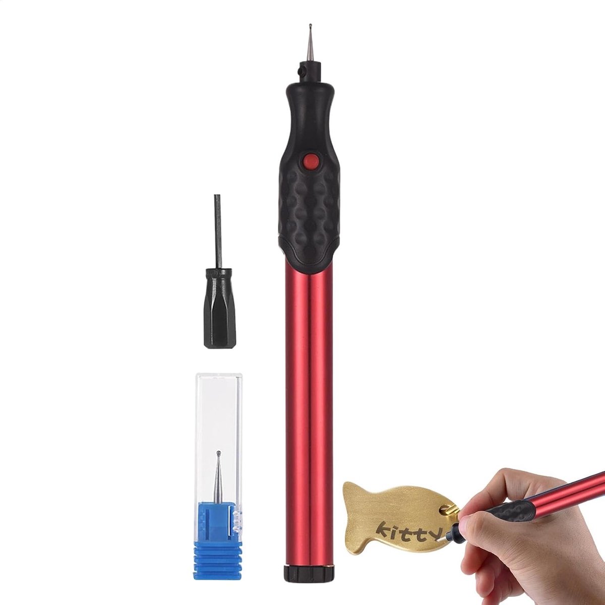 Elektrische graveerpen - Metaal graveergereedschap - Materiaal personaliseren - Hoge motor snelheid - 2x AAA batterijen - Rood