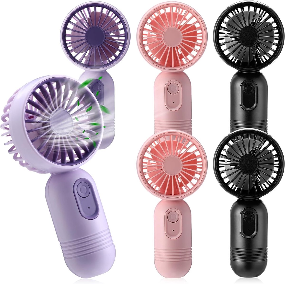 Set van 6 mini draagbare ventilatoren, schattig en lichtgewicht, compact en draagbaar, 3 windsnelheden, USB oplaadbaar, unisex, geschikt voor binnen- en buitengebruik, make-up en op reis (zwart, roze, paars).