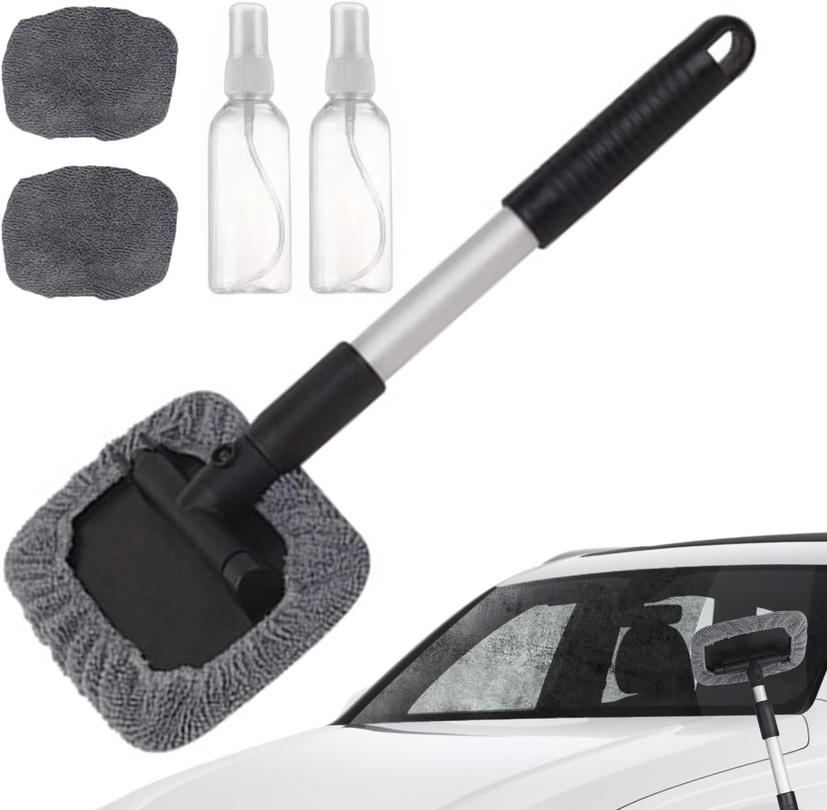 Reinigingsset Voertuigen - Interieur Reiniger - Auto Ramen Wassen - Uitschuifbare Steel - 100ml Fles - Grijs