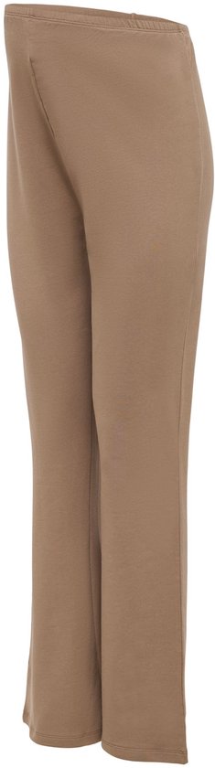 Zijaanzicht van een bruine zwangerschapsbroek met hoge taille en uitlopende pasvorm.