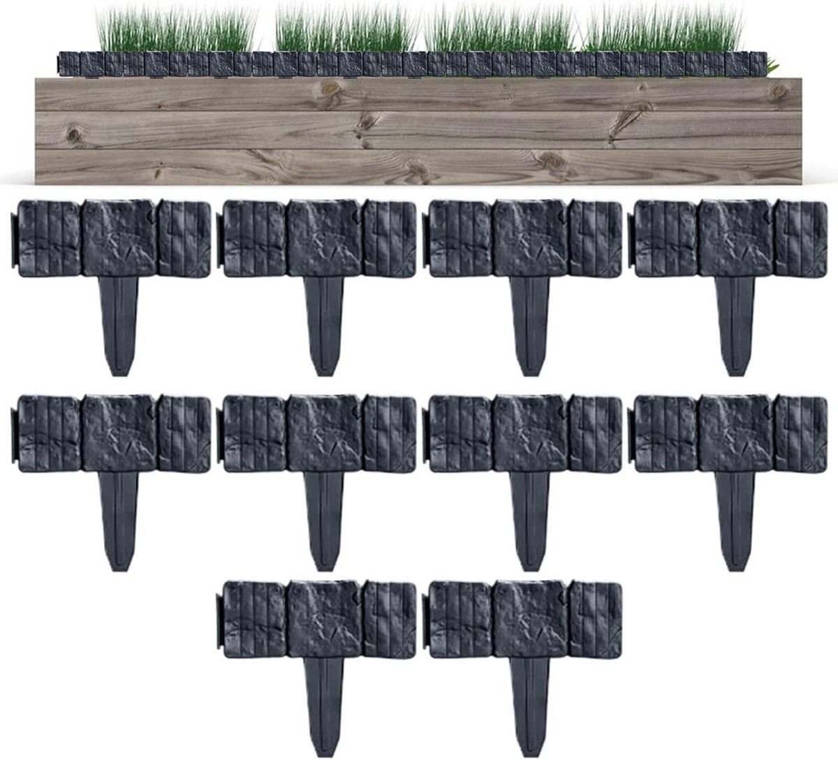 Tuinafzetting Imitatie - Stenen Rand - Tuin Decoratie - Eenvoudige Installatie - 10 Stuks - Zwart