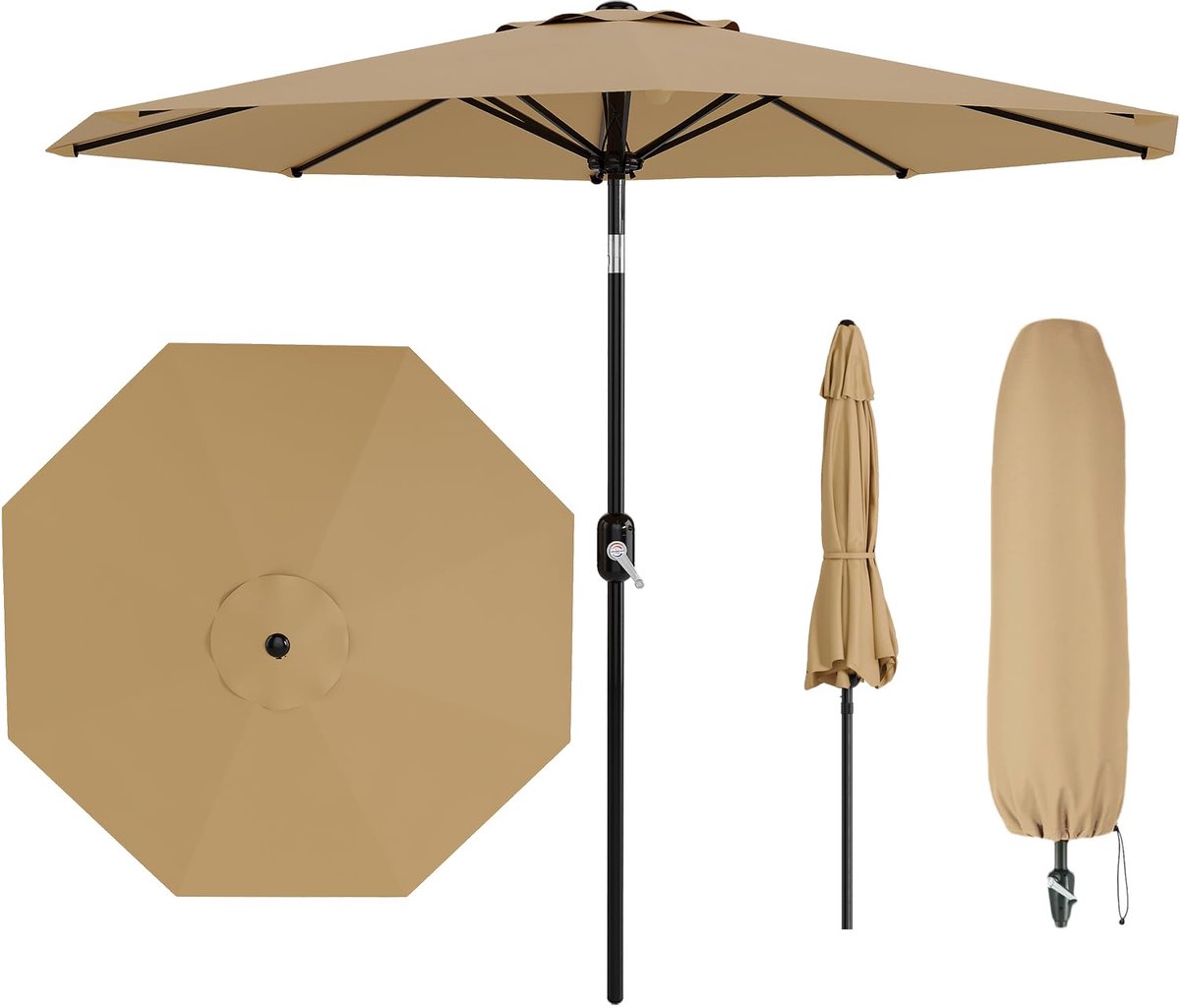 Parasol Rond met Hoes - 270x270x236cm - Zonder Voet - Tuinparasol met 8 Ribben - Crank Tilt - Weerbestendig & Windbestendig - Voor Tuin, Balkon, Terras - Kaki