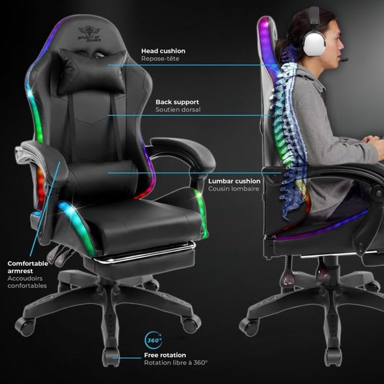 Ergonomische Gamingstoel - Comfortabele Racerstoel - Langdurig Zitten - Met RGB Verlichting - Max 100 kg - Zwart — afbeelding 2