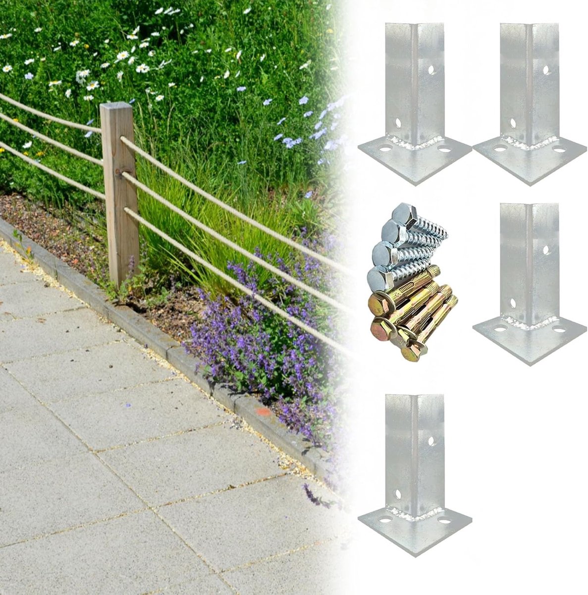 Pergola beugels - Paalhouders Heksteun - Constructie Ondersteunen - Gegalvaniseerd Metaal - 40x40x200mm - Zilver