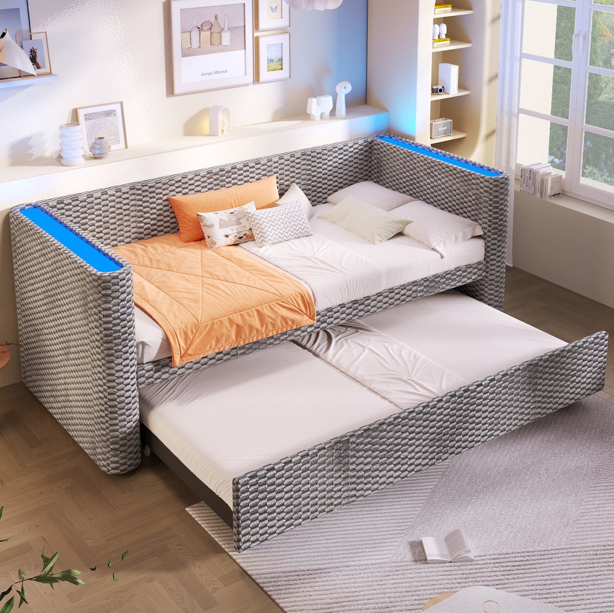 MEUNIQ slaapbank daybed 90 x 200 cm uitschuifbaar tot 180 x 200 cm met LED-verlichting, la