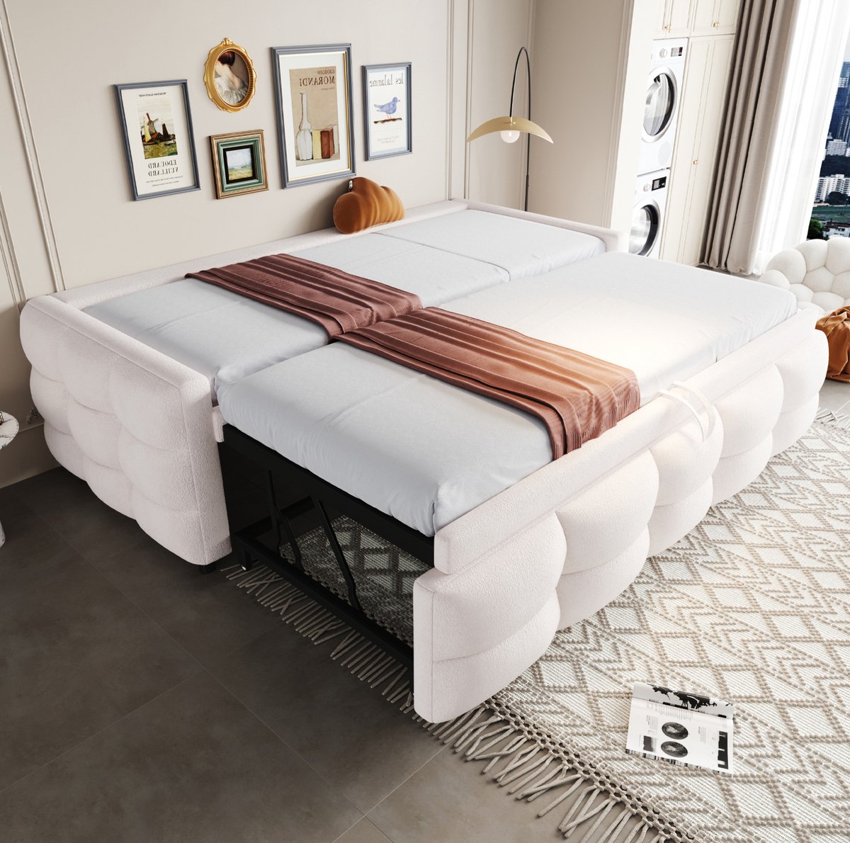 MEUNIQ slaapbank 90/180x190 cm uitrekbaar bed met lattenbodem, teddy stof, zonder matras, 2-persoons bedbank voor slaapkamer of logeerkamer, beige
