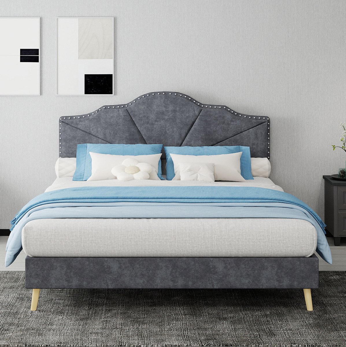 MEUNIQ Bedframe 140x200 cm met gestoffeerd geometrisch hoofdbord, lattenbodem, tweepersoons normaal bed voor slaapkamer, grijs, zonder matras en zonder gasveer