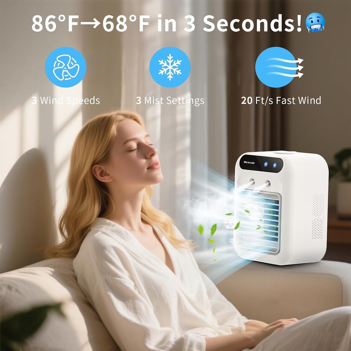 Luchtkoeler - Draagbare airconditioner - Draagbare koelventilator - Stille mobiele airco met 500mL watertank - Zonder Afvoerslang - Voor kamer slaapkamer kantoor – foto 5