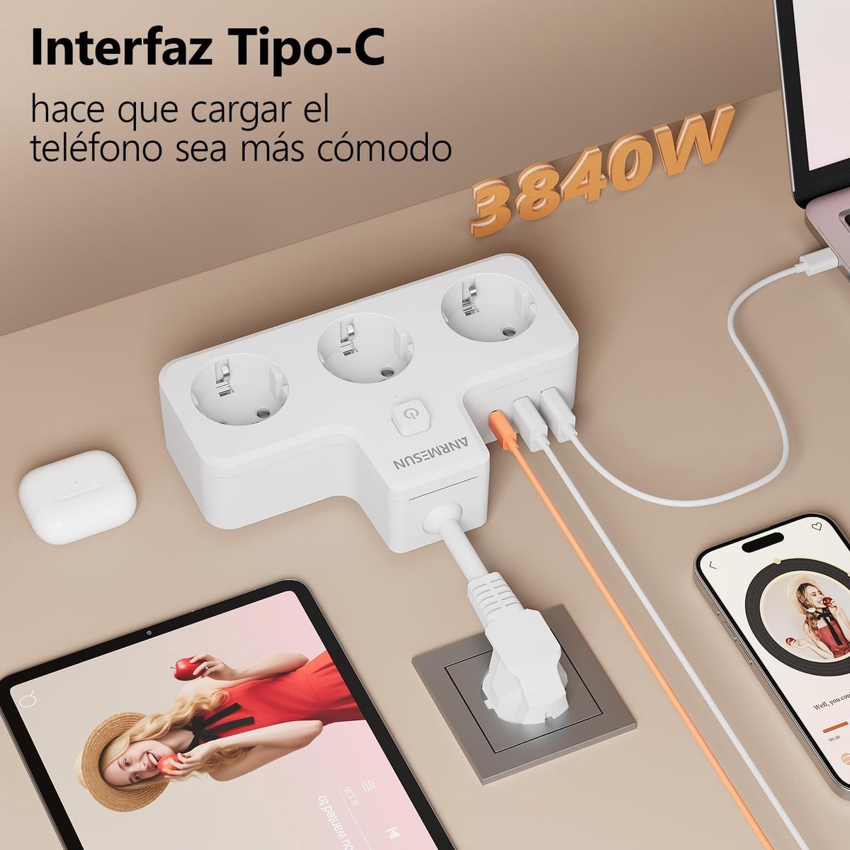 Stekkerdoos met USB-C - Wit - 6-in-1 met 3 stopcontacten - Compact ontwerp - Voor Huis en Kantoor