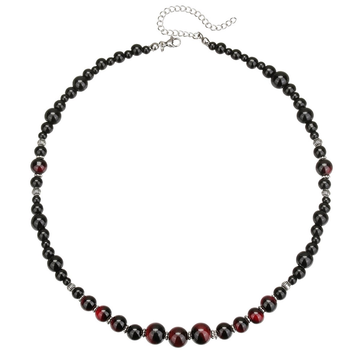 Helin Life Klassieke herenketting - Kralenketting - Ketting - Milieuvriendelijke mode - 45+7 cm -Cadeau voor mannen -Cadeaudoos en wenskaart - Zilverkleurige, rood-zwarte kralenketting met natuurlijke stenen, handgeslepen agate met glanzend oppervlak