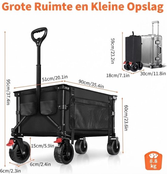 JCP® Bolderkar - 130L Capaciteit - Bolderkar Opvouwbaar - Opvouwbare Bolderkar - Zwart - 76cm x 42cm x 32cm van Jcp — afbeelding 2