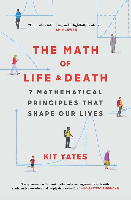 Couverture de livre intitulée 'The Math of Life & Death' en rouge et gris, avec des illustrations de personnes et de graphiques statistiques.