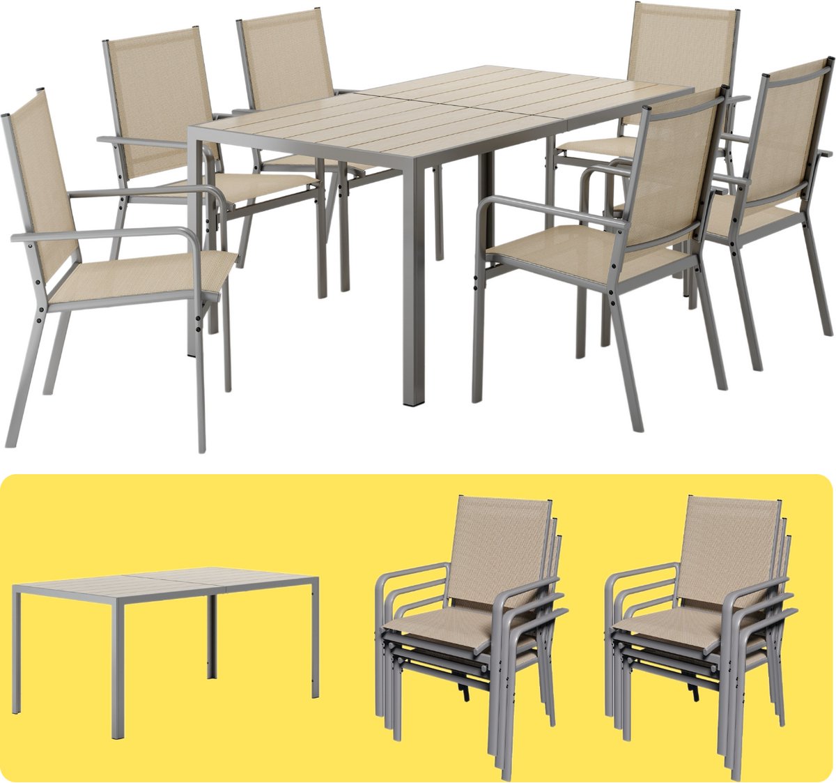 Bealife TB104 Tuinset - Loungeset - Tuin tafel en 6 stoelen - Balkonset met Textilene + Metalen frame - Weerbestendig - Zandkleur