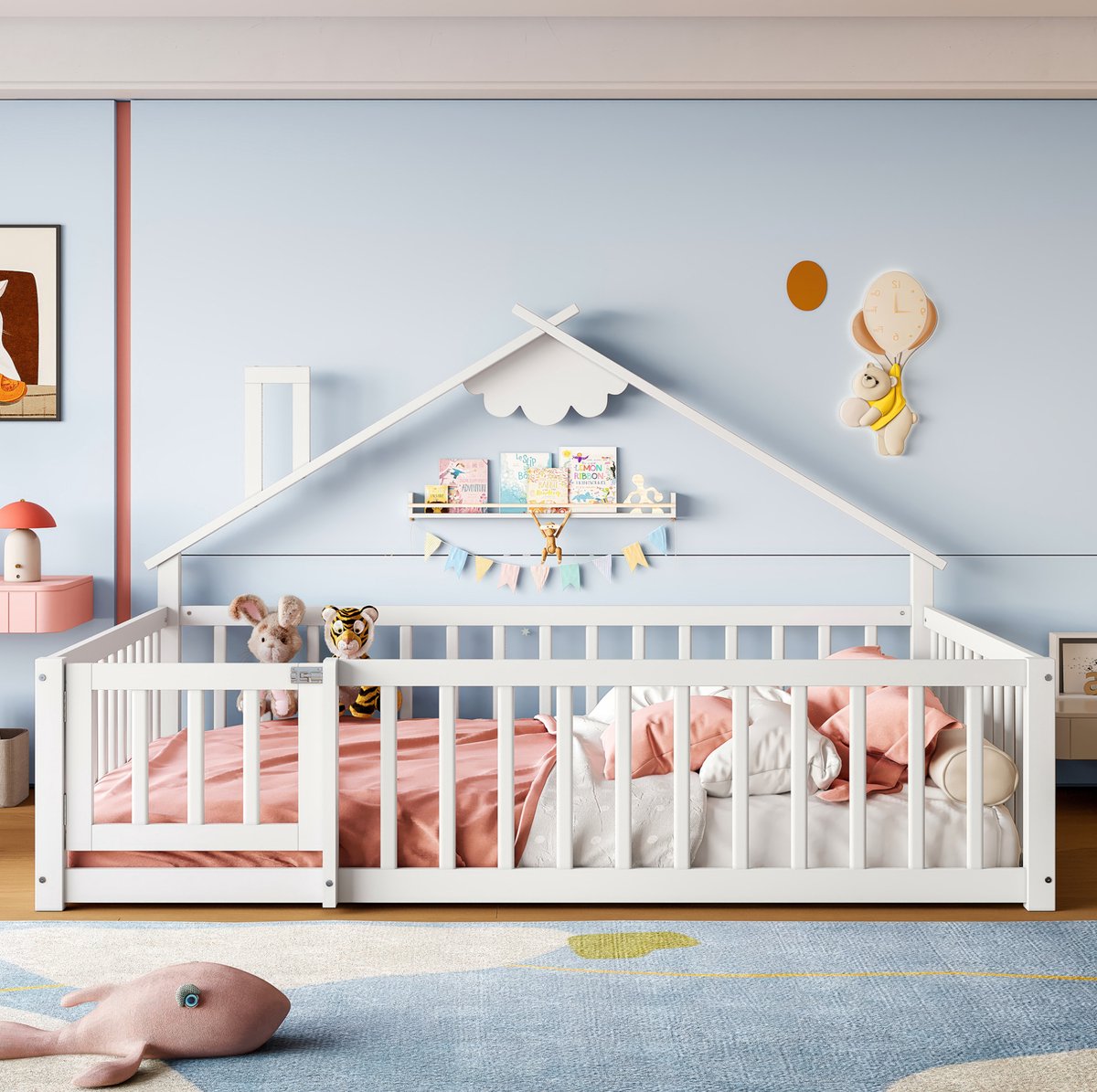 MEUNIQ kinderbed 140x190 cm huisbed met 32 cm veiligheidshek en slot, bedframe van grenenhout en MDF, wit, normaal bed voor de kinderkamer