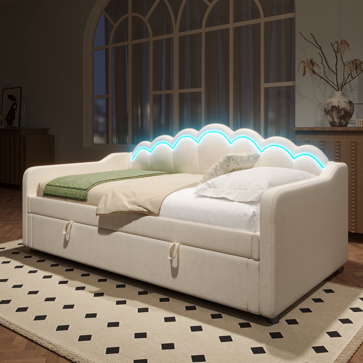MEUNIQ Slaapbank 90x200 cm met hydraulische opbergruimte, LED-verlichting en golvend hoofdbord, eenpersoons bedbank voor slaapkamer, beige