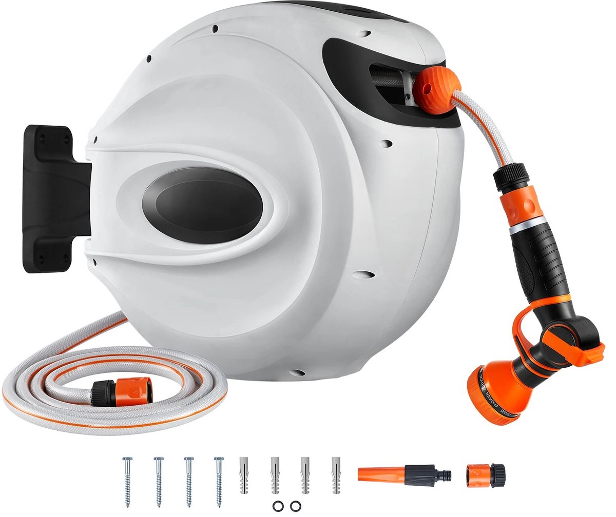 Bruinsma INEX Tuinslang - Tuinslanghaspel - Tuinslanghaspel Automatisch - Wandhaspel Intrekbaar - 180° Draaibaar - Met 9 Sproeistanden En Mondstuk - 25M