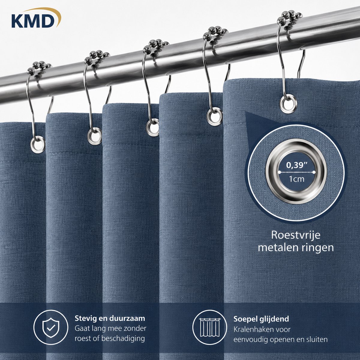 KMD Douchegordijn Linnen Textuur Waterdicht met Metalen Douchegordijnringen - Anti-schimmel Badgordijn Zwaar - 182 x 214 cm - Marineblauw